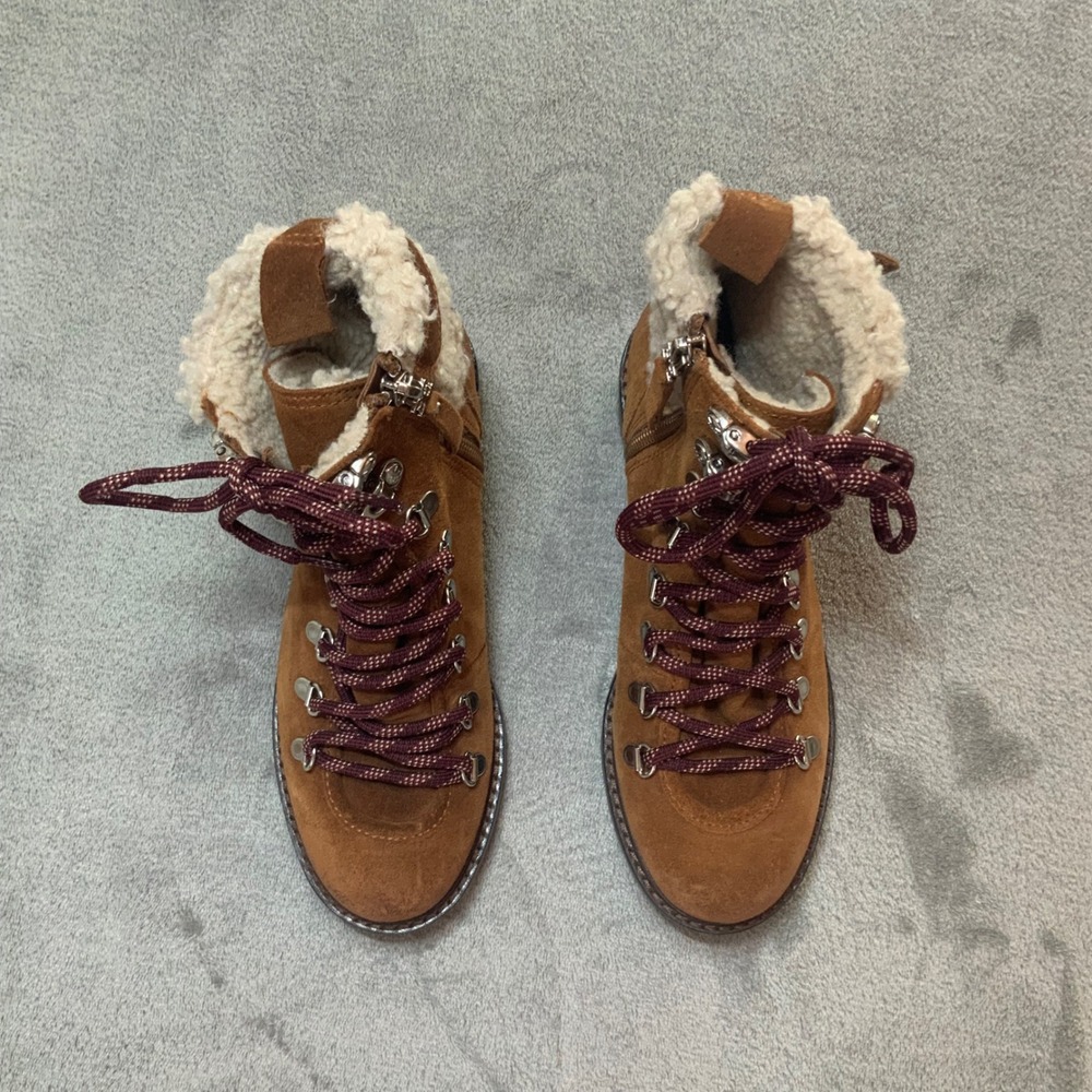 Sam Edelman Womens 6 Suede Hiker Boots Shearling Trim Brown Lace Up Lug Sole